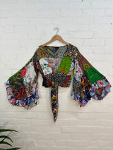 Assorted Patchwork Flared Sleeved Tie Top