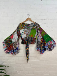 Assorted Patchwork Flared Sleeved Tie Top