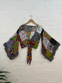 Assorted Patchwork Flared Sleeved Tie Top