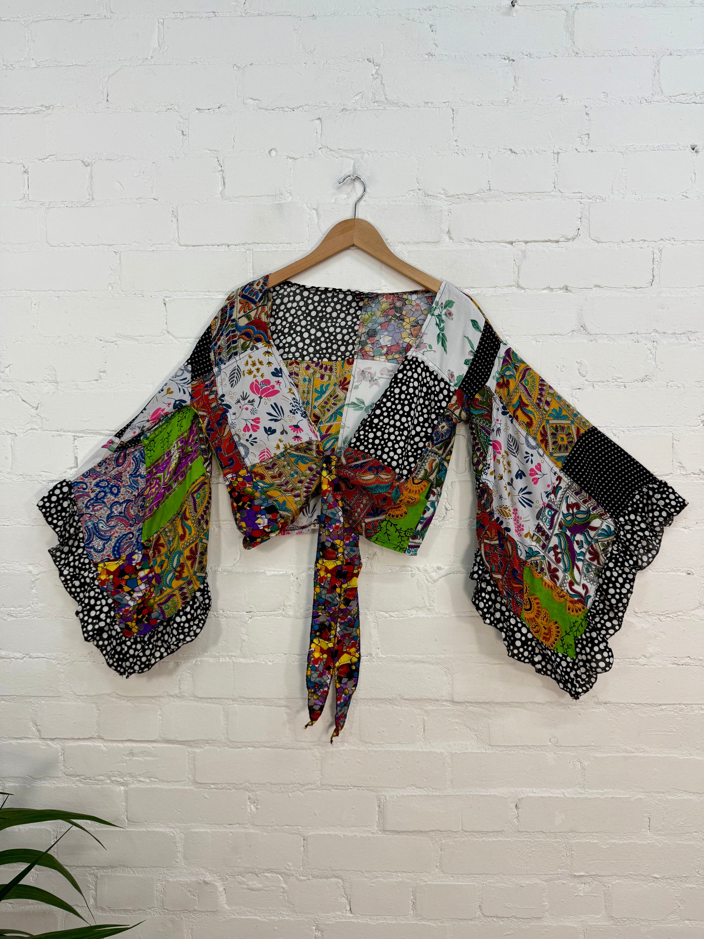 Assorted Patchwork Flared Sleeved Tie Top
