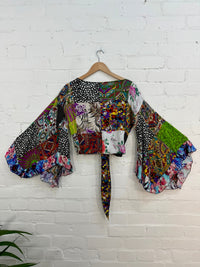 Assorted Patchwork Flared Sleeved Tie Top