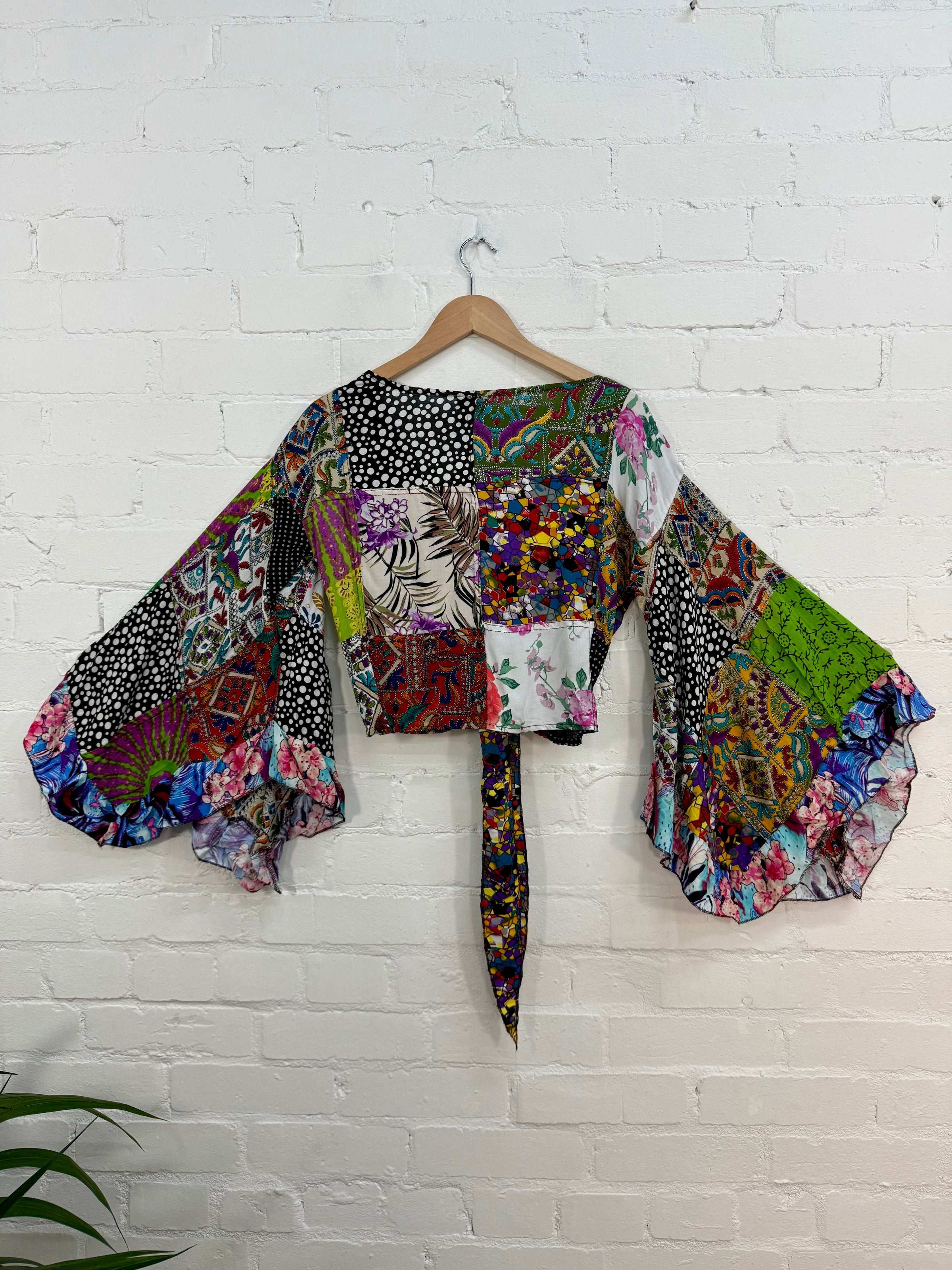 Assorted Patchwork Flared Sleeved Tie Top