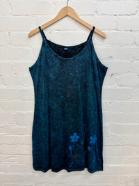 Stonewashed Embroidered Short Strappy Dress