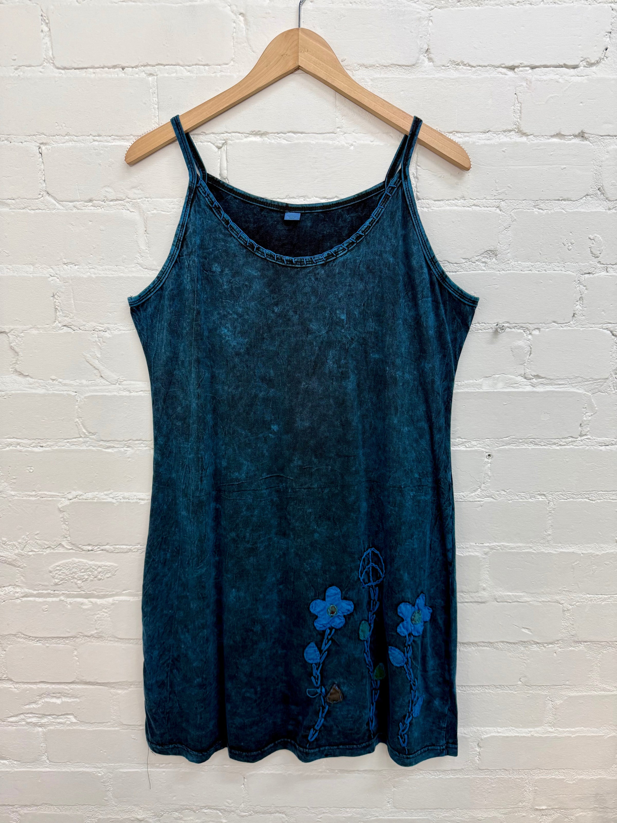 Stonewashed Embroidered Short Strappy Dress