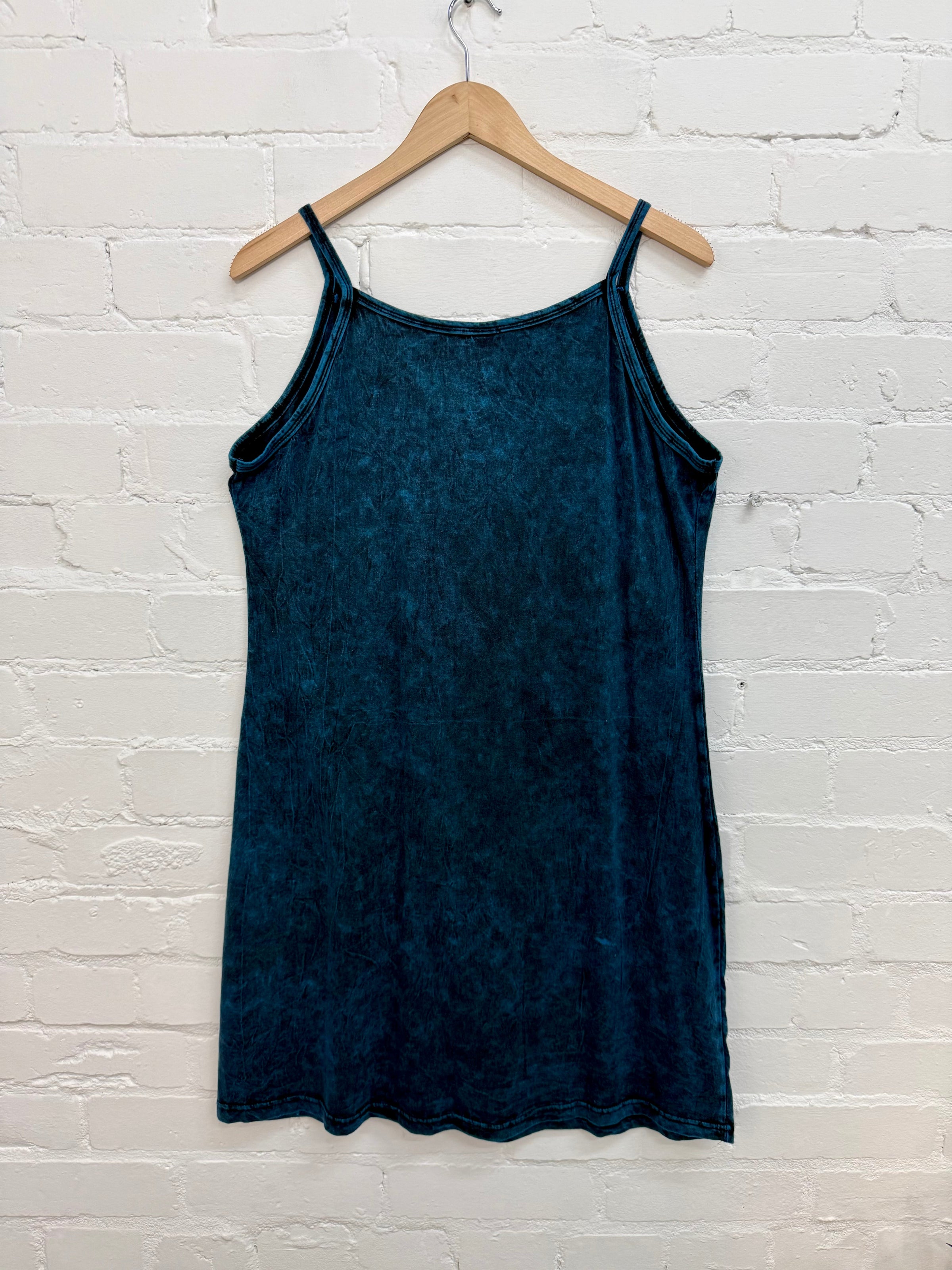 Stonewashed Embroidered Short Strappy Dress