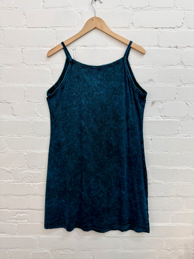 Stonewashed Embroidered Short Strappy Dress