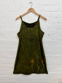 Stonewashed Embroidered Short Strappy Dress