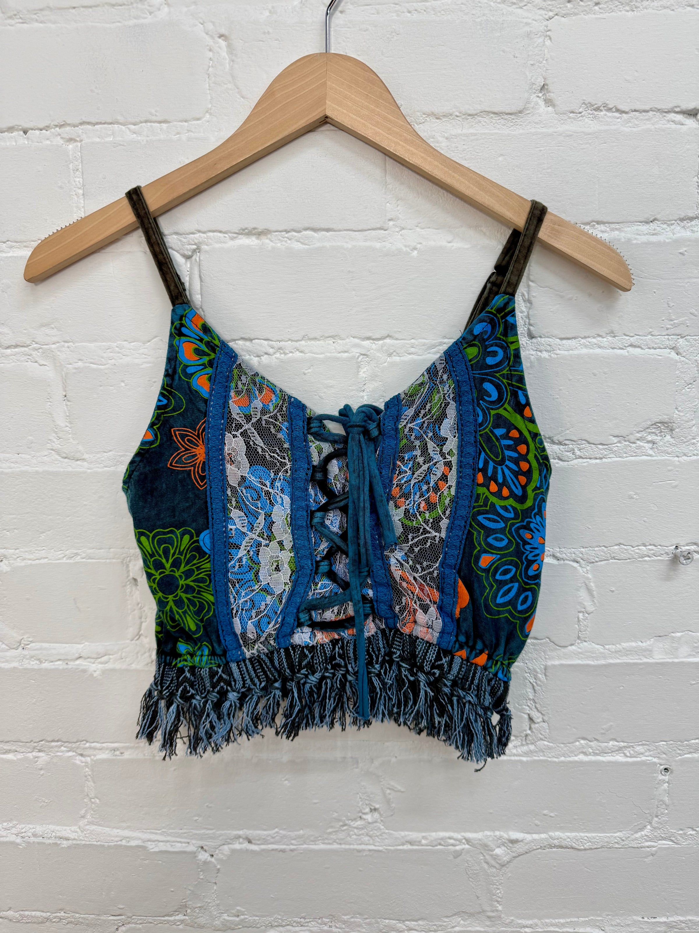 Stonewash & Flower Print Cropped  Strappy Vest