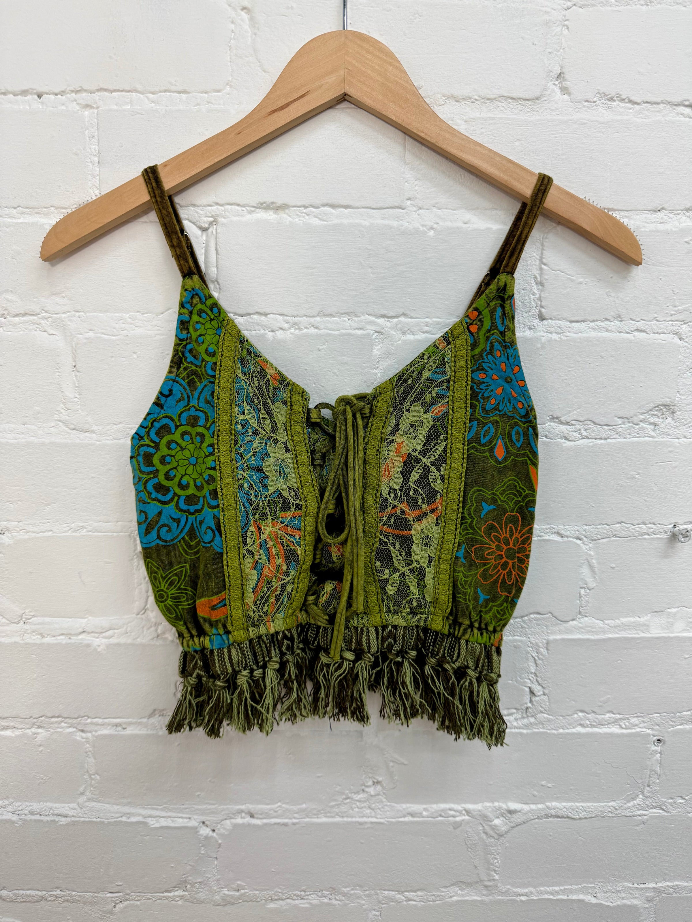 Stonewash & Flower Print Cropped  Strappy Vest