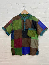 Stonewash Patchwork Short Sleeve Grandad Shirt