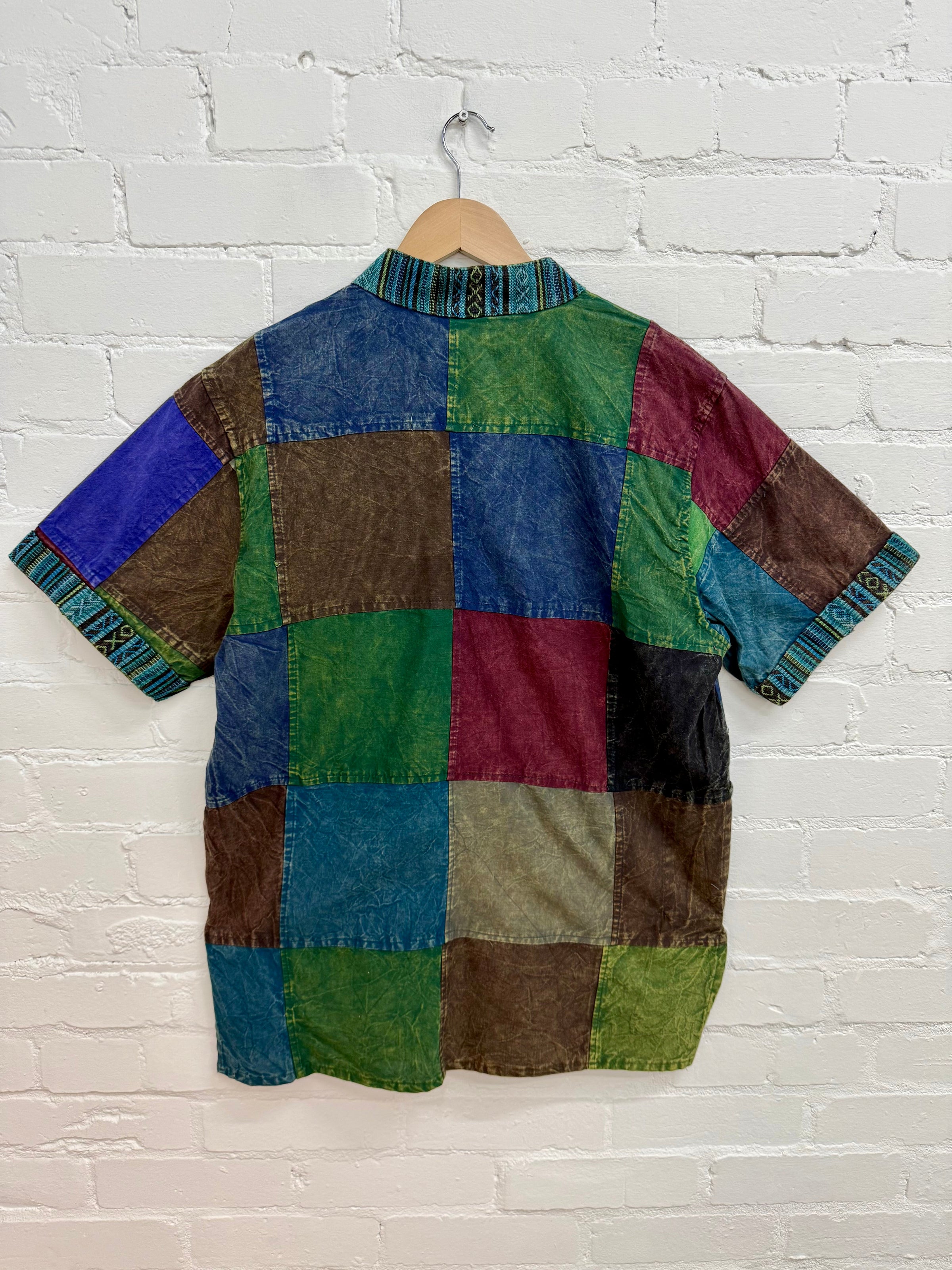 Stonewash Patchwork Short Sleeve Grandad Shirt