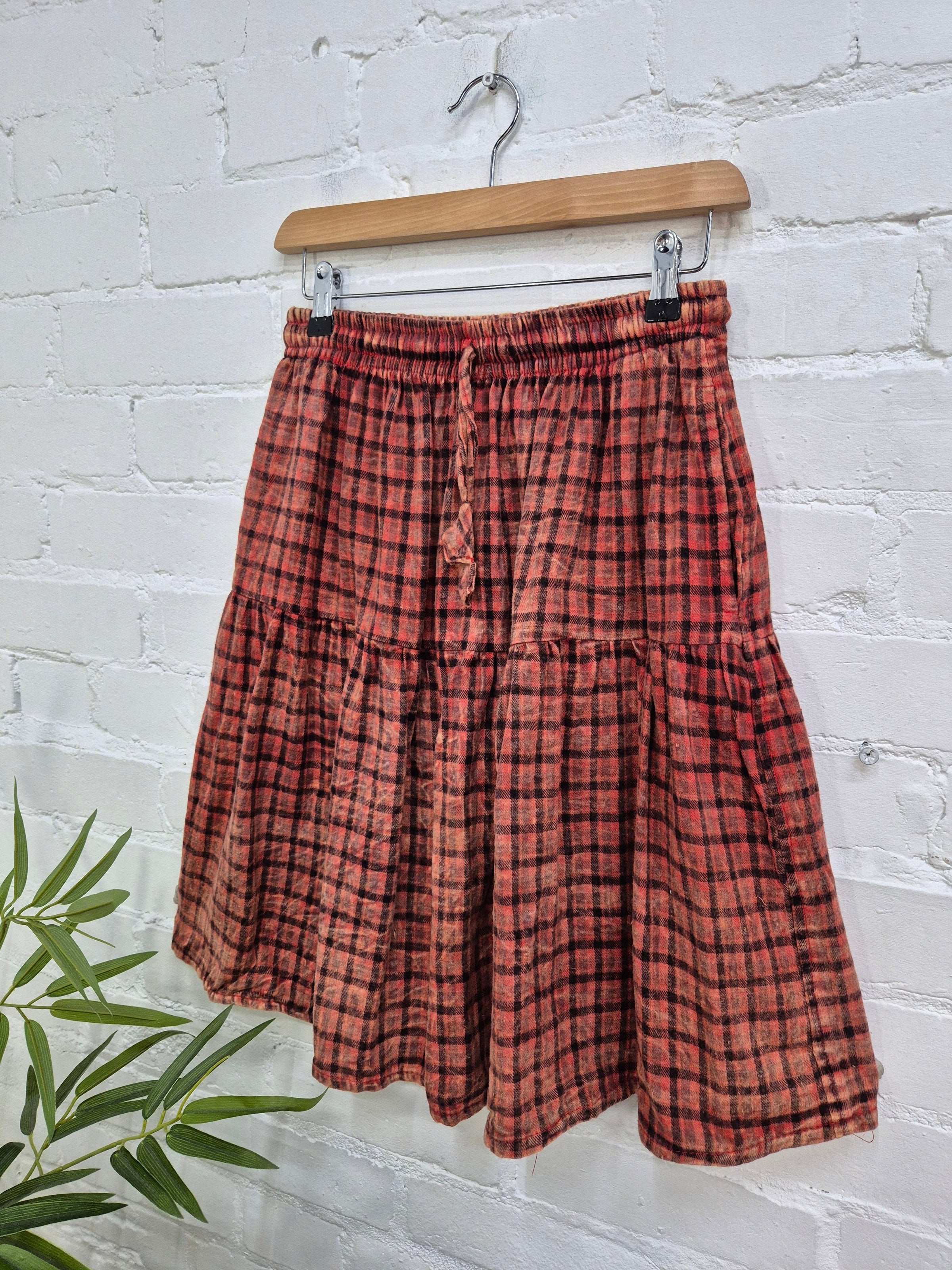 Brushed Cotton Checkered Midi Skirt