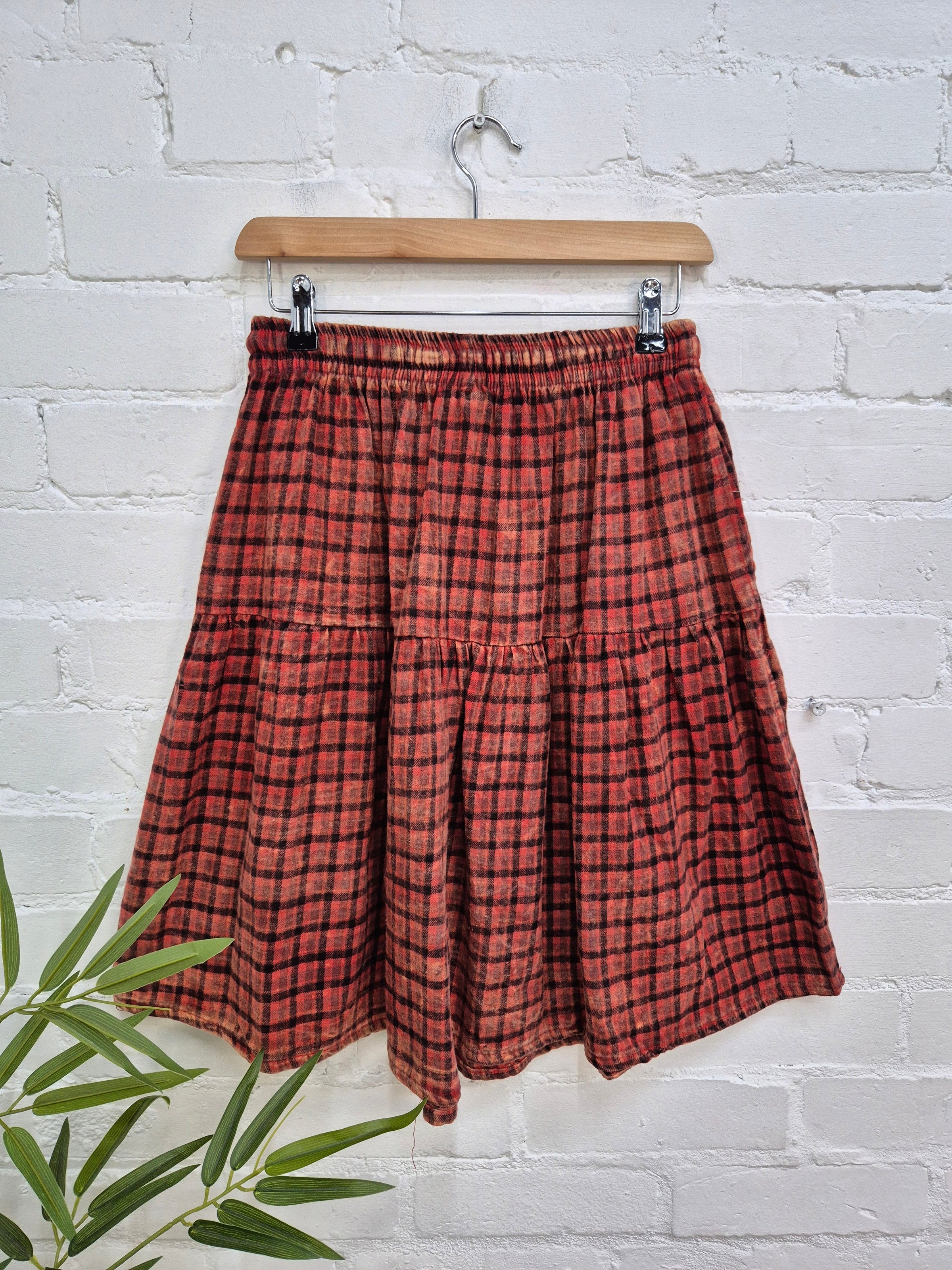 Brushed Cotton Checkered Midi Skirt