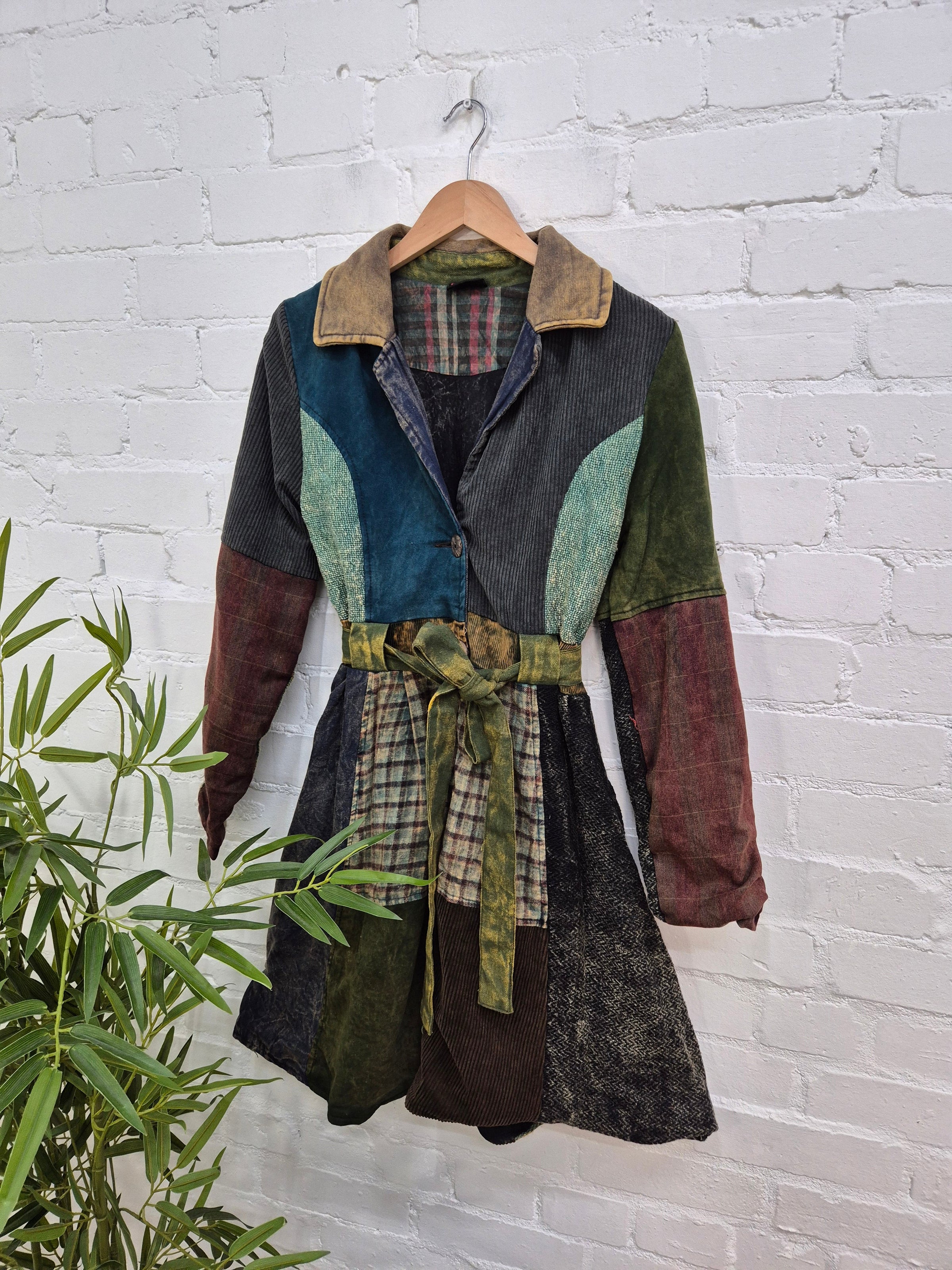 Mixed Patchwork Belted Coat