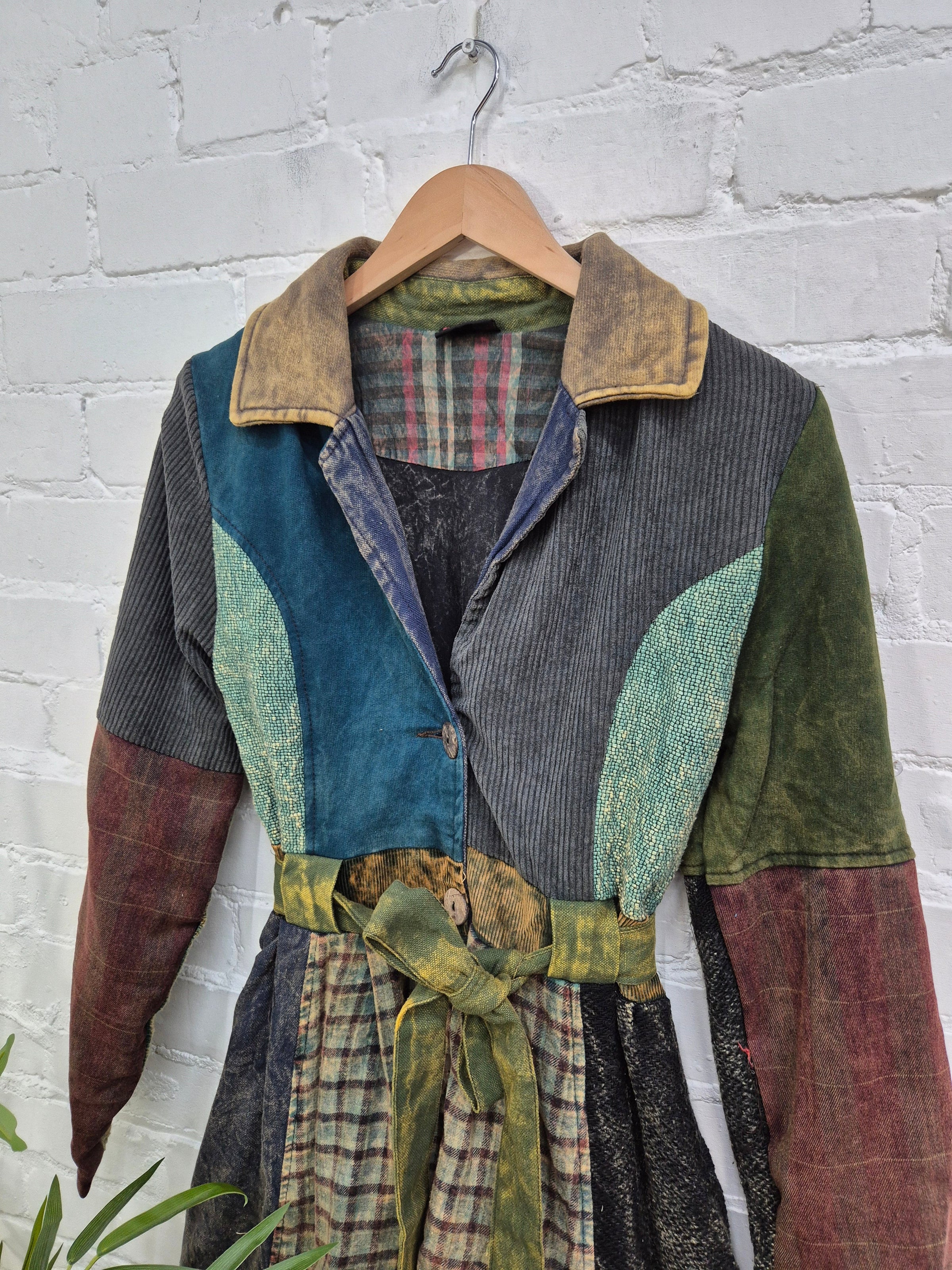 Mixed Patchwork Belted Coat