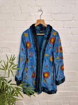 Long Velvet Embroidered Fur Trim Coat