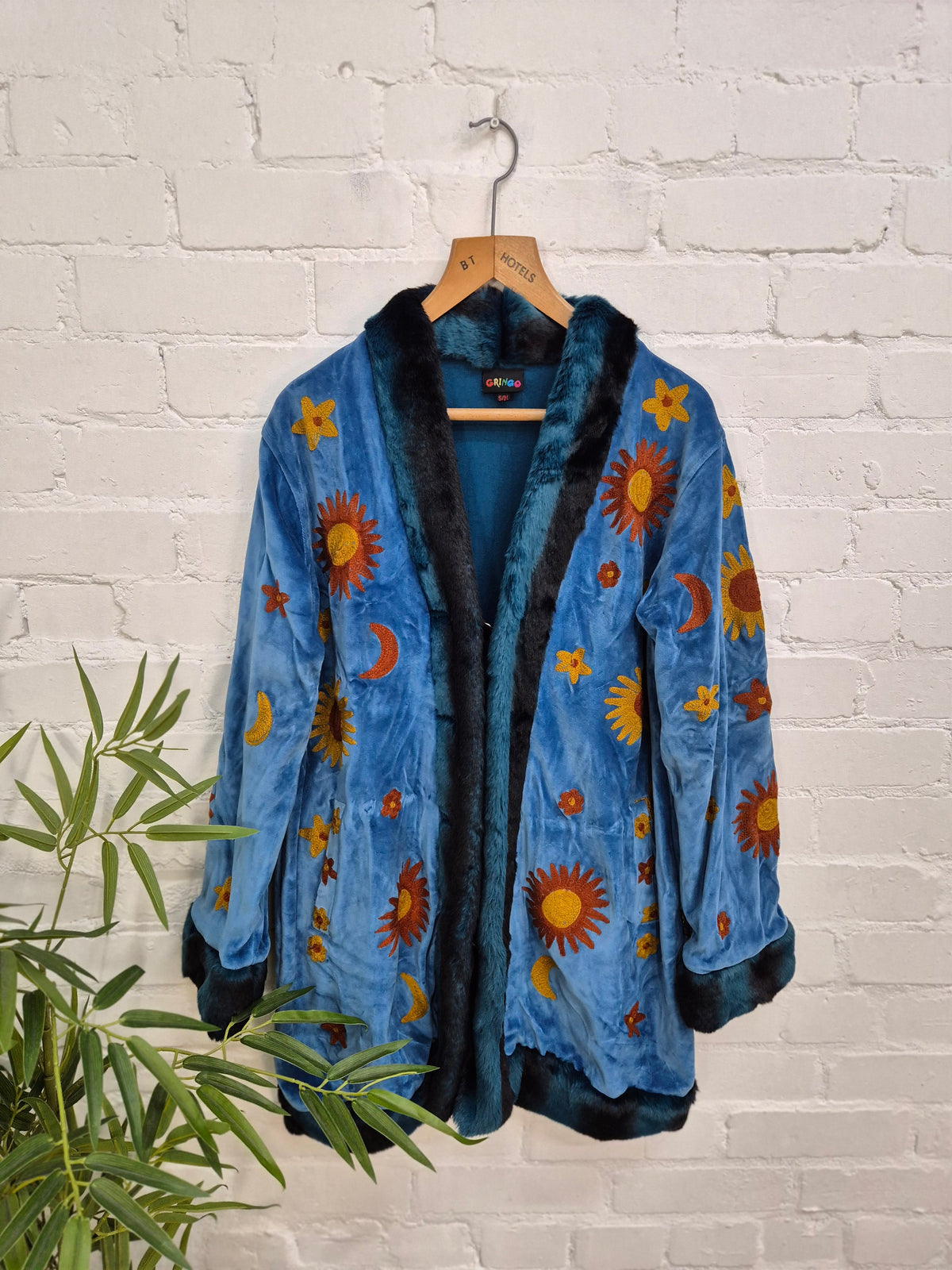 Long Velvet Embroidered Fur Trim Coat