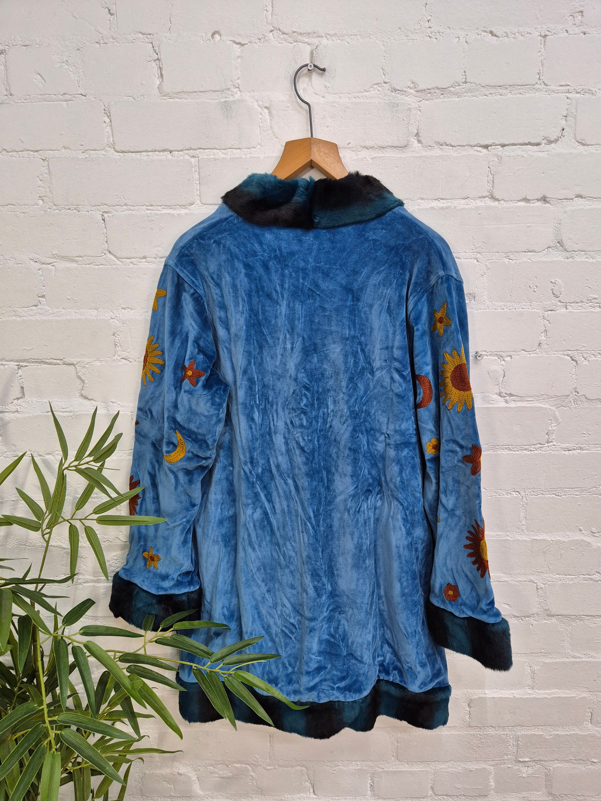 Long Velvet Embroidered Fur Trim Coat
