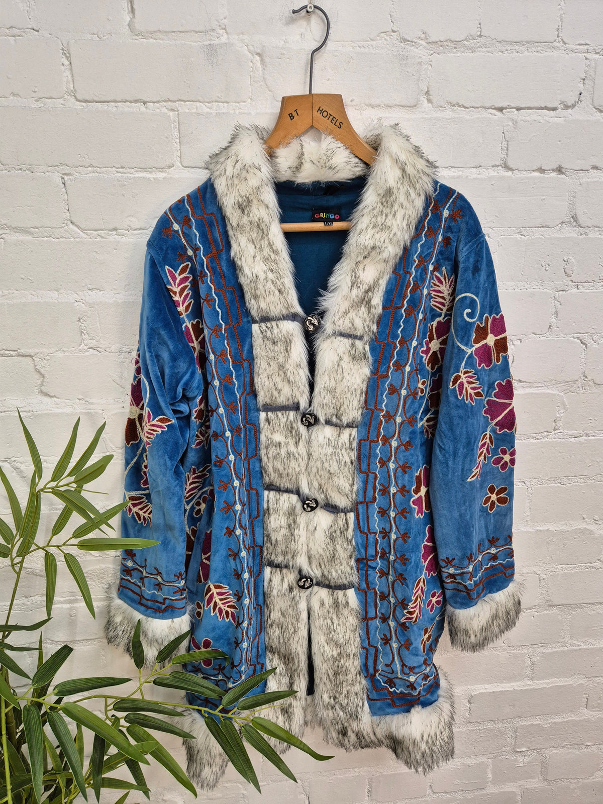 Long Velvet Embroidered Fur Trim Coat