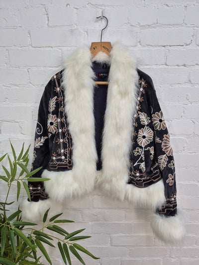 Short Velvet Embroidered Fur Trim Coat