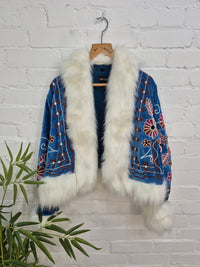 Short Velvet Embroidered Fur Trim Coat