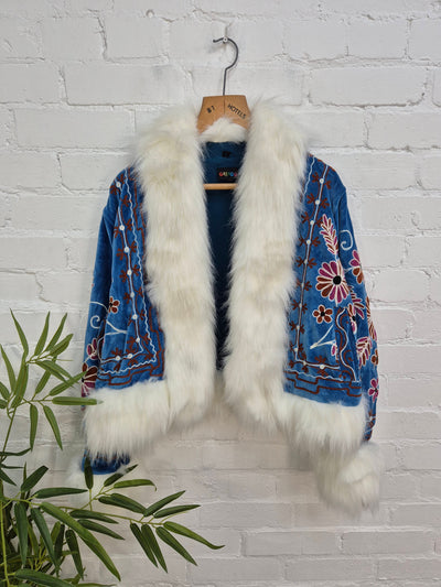 Short Velvet Embroidered Fur Trim Coat
