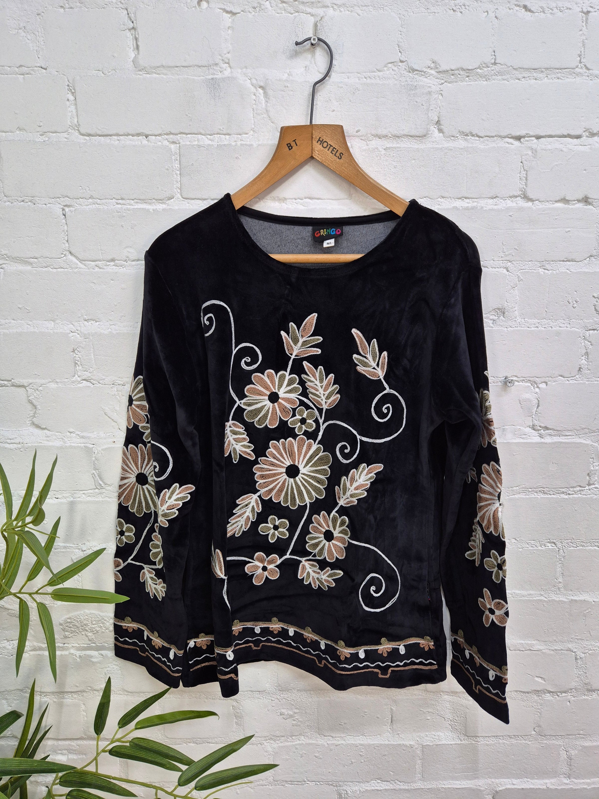 Velvet Embroidered Long Sleeve Top