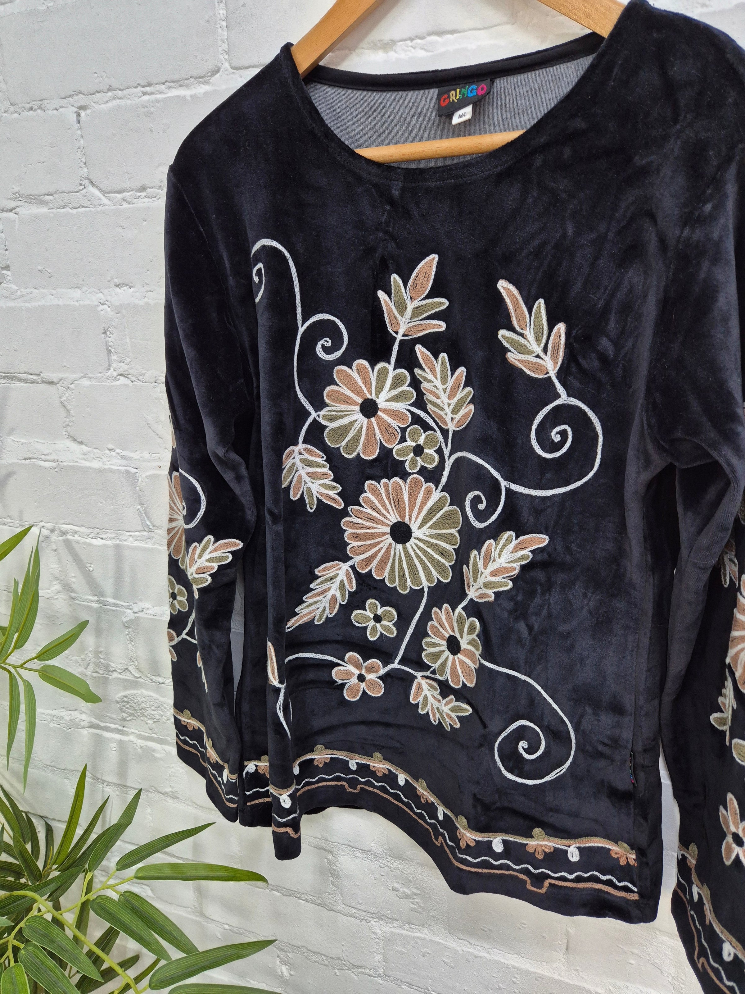 Velvet Embroidered Long Sleeve Top