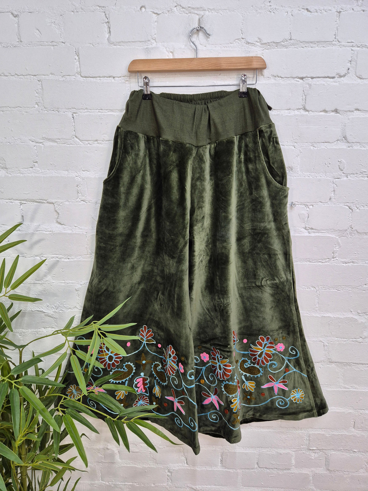 Velvet Embroidered Wide Leg Trousers