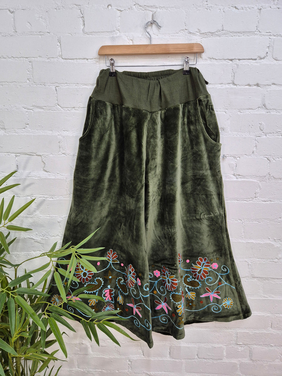 Velvet Embroidered Wide Leg Trousers