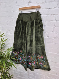Velvet Embroidered Wide Leg Trousers