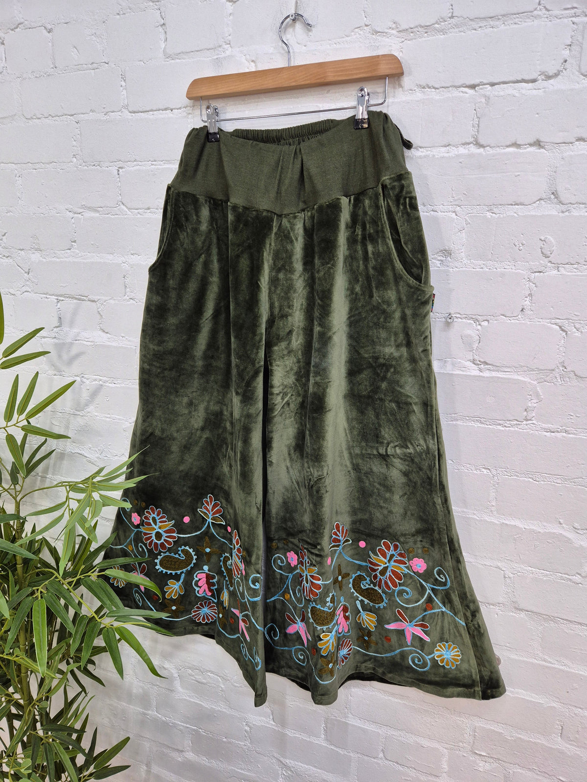 Velvet Embroidered Wide Leg Trousers