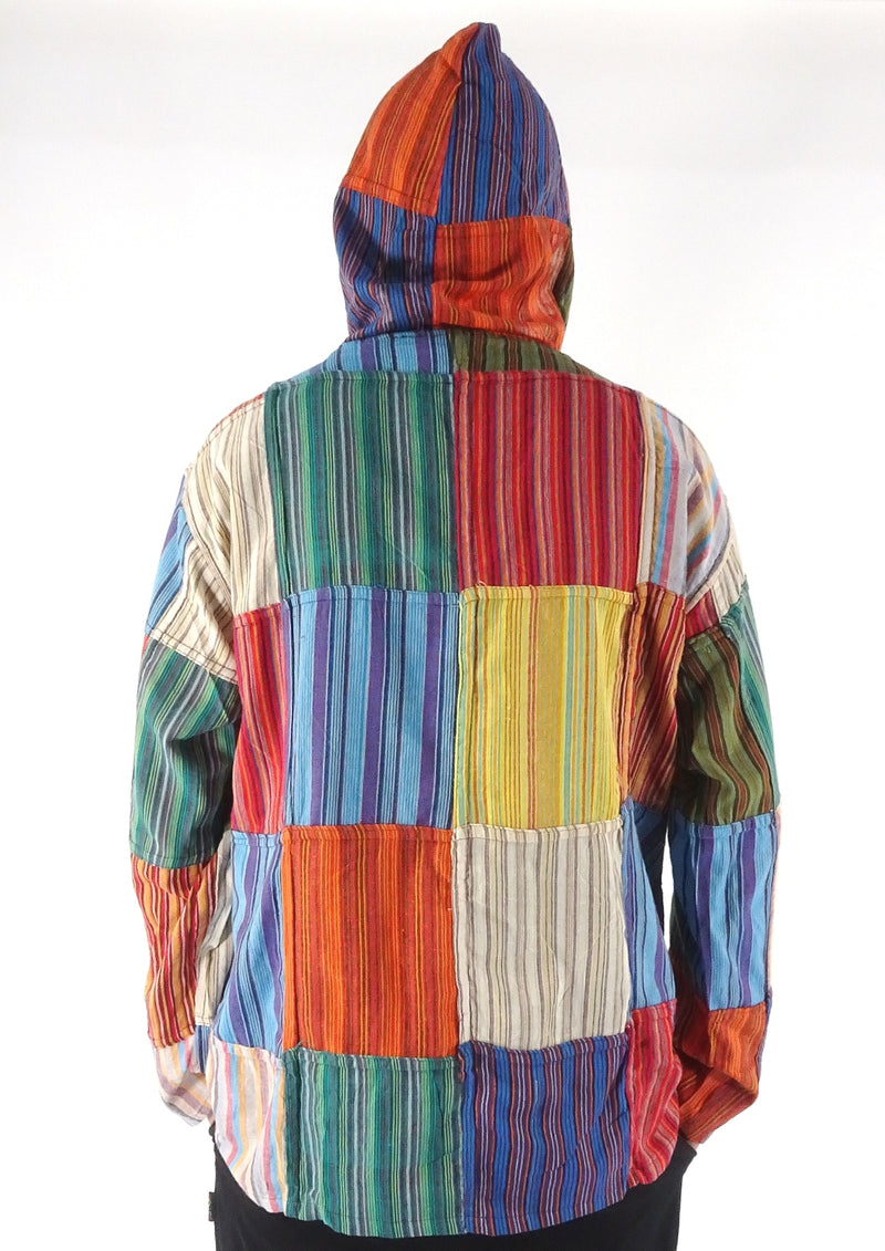 Multi Patchwork Stripe Screen Print Hooded Top