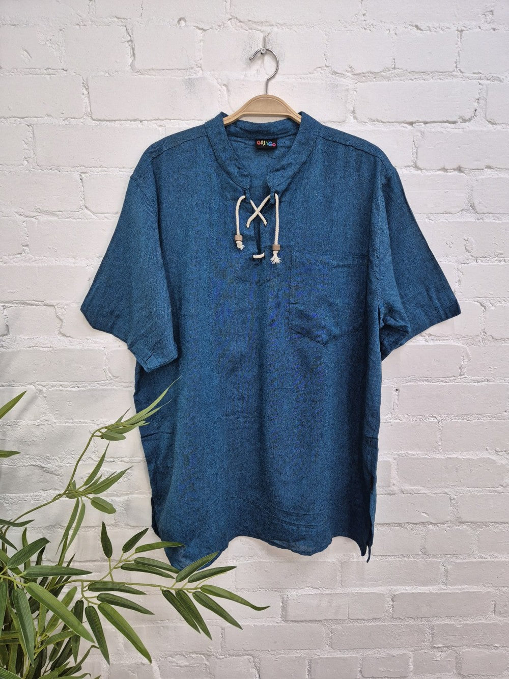 Plain Lace Up Short Sleeve Kurta