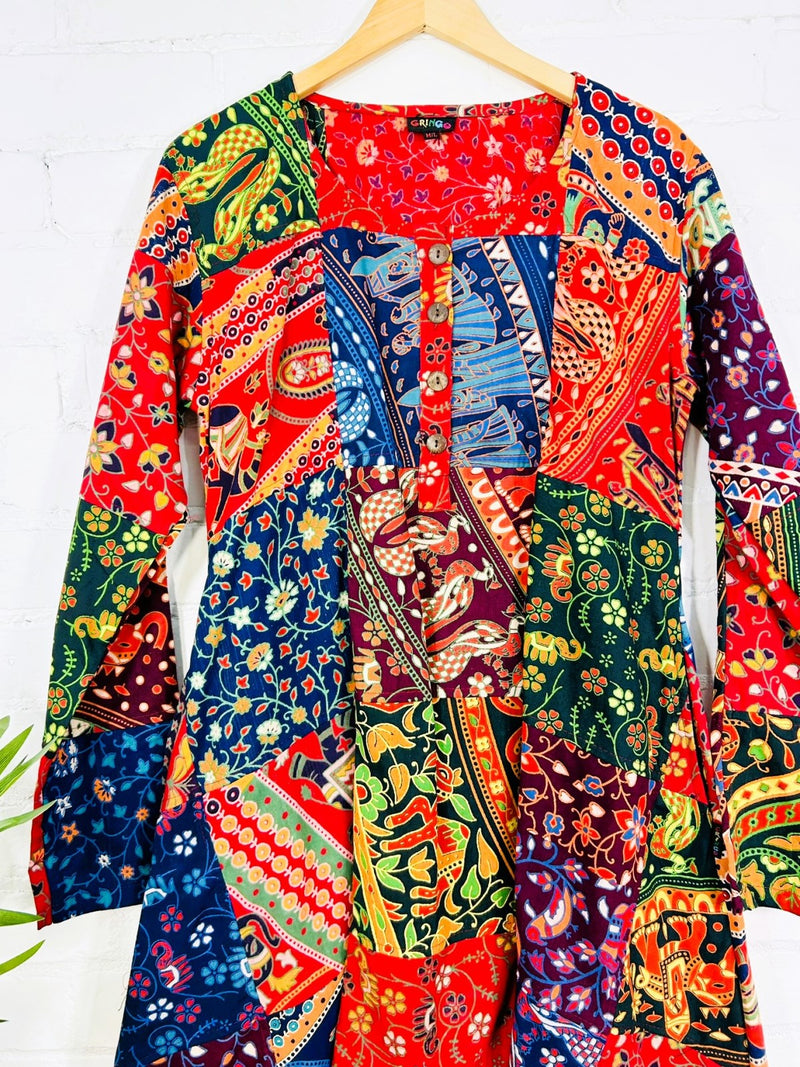 Multi Elephant Patch Long Sleeve Midi Dress