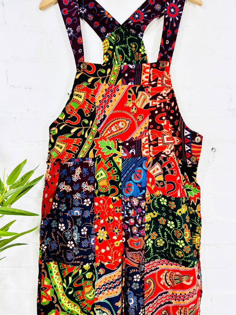 Multi Elephant Patch Straight Long Dungarees