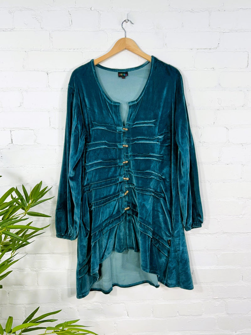Velvet V Neck Long Sleeve Buttoned Midi Dress