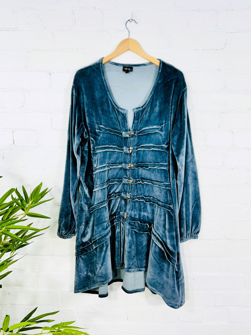 Velvet V Neck Long Sleeve Buttoned Midi Dress