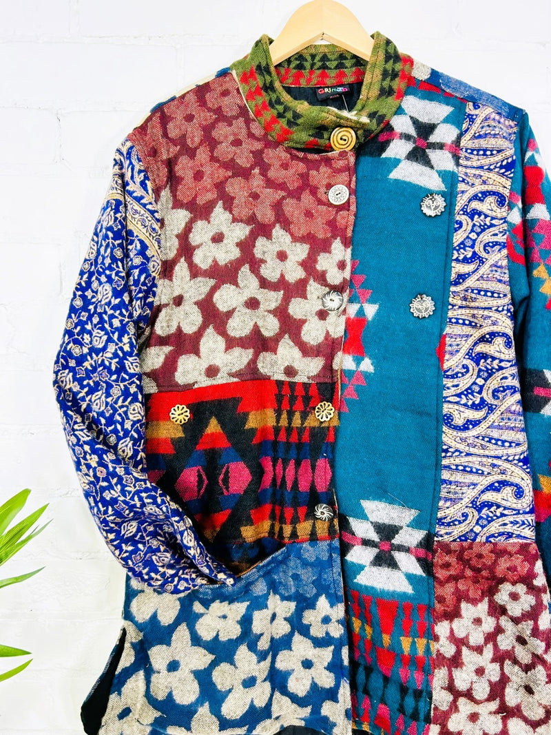 Multi Patchwork Long Lined Button Coat