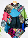 Multi Patchwork Hooded V Shape Poncho