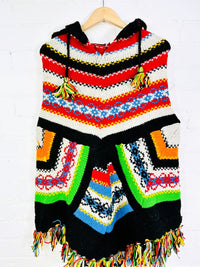 Multi Pattern V-Shape Hooded Poncho