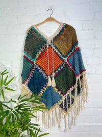 Patch & Crochet Fringed Poncho