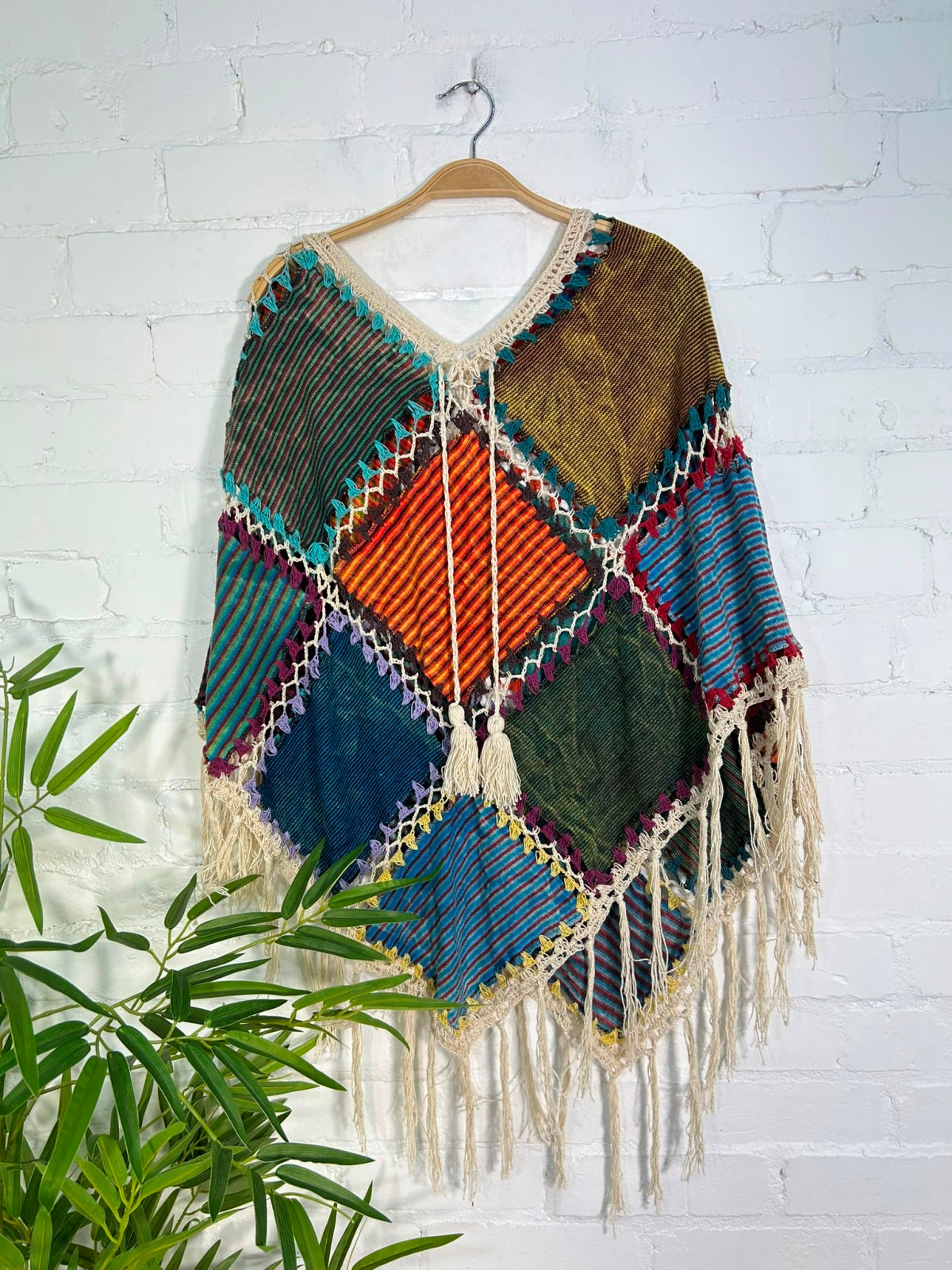 Patch & Crochet Fringed Poncho