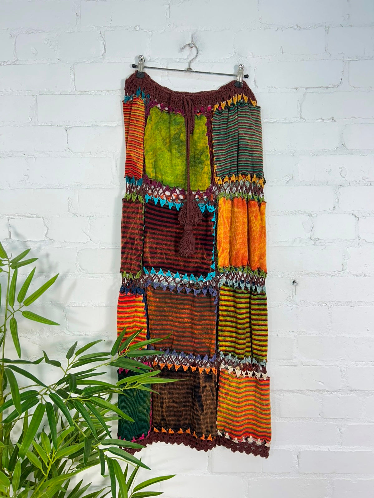 Patch & Crochet Fringed Long Skirt