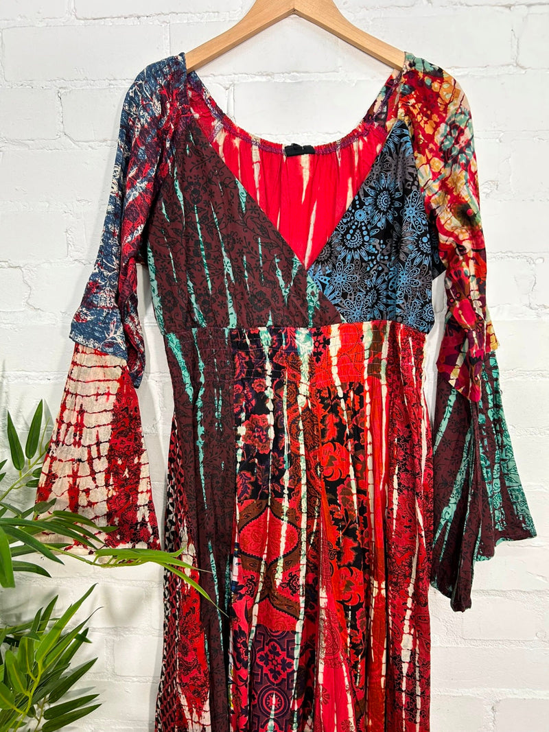 Patchwork Long Sleeve Long Dress