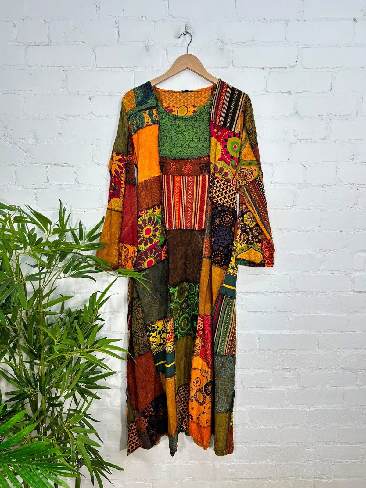patchwork long sleeve dress floral Primrose Lantern-Sleeve Patchwork Dress M