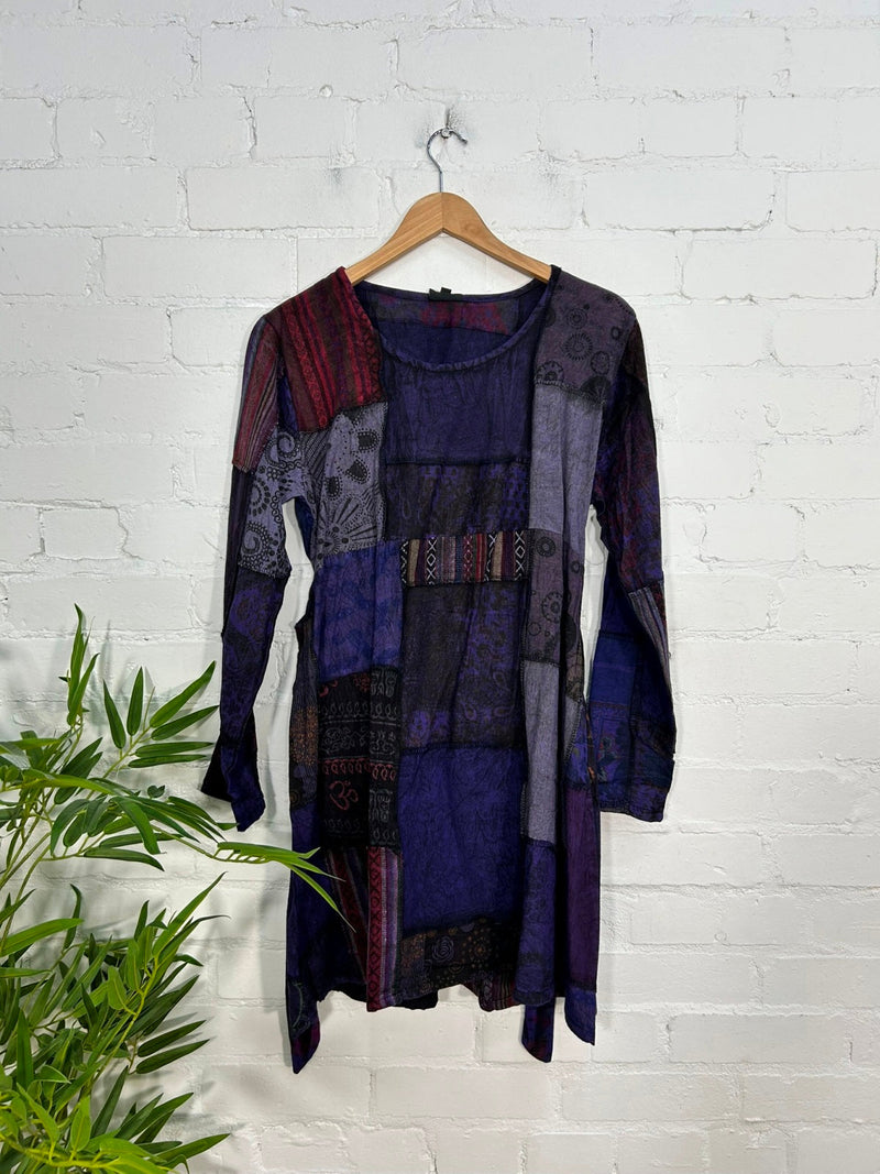Patchwork Long Sleeve Midi Dress