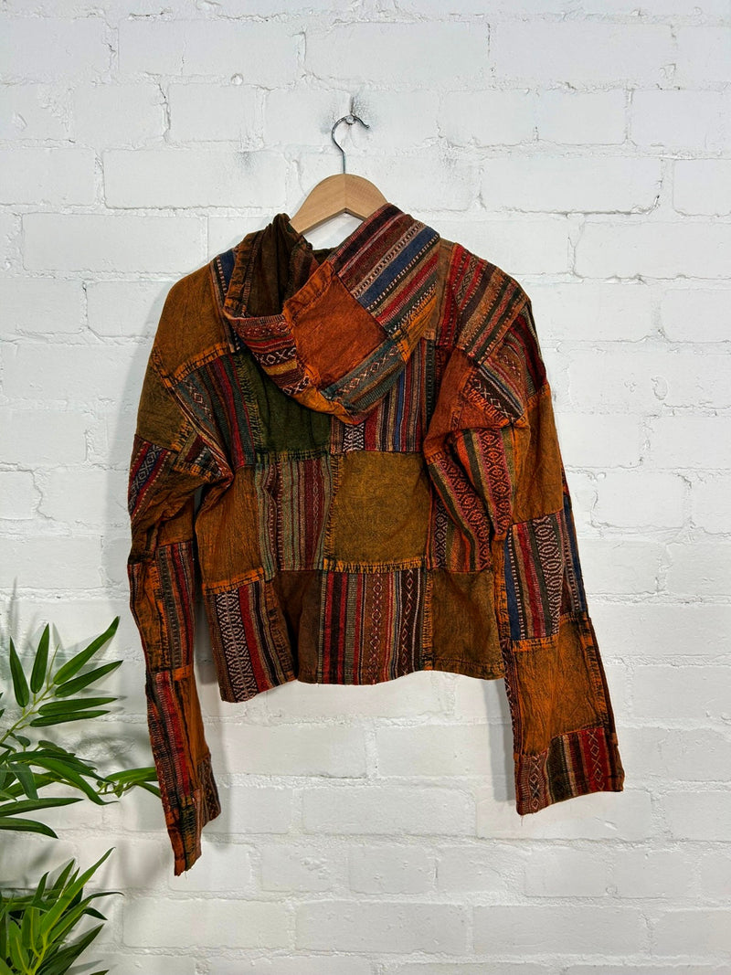 Patchwork Zip Hooded Crop Jacket