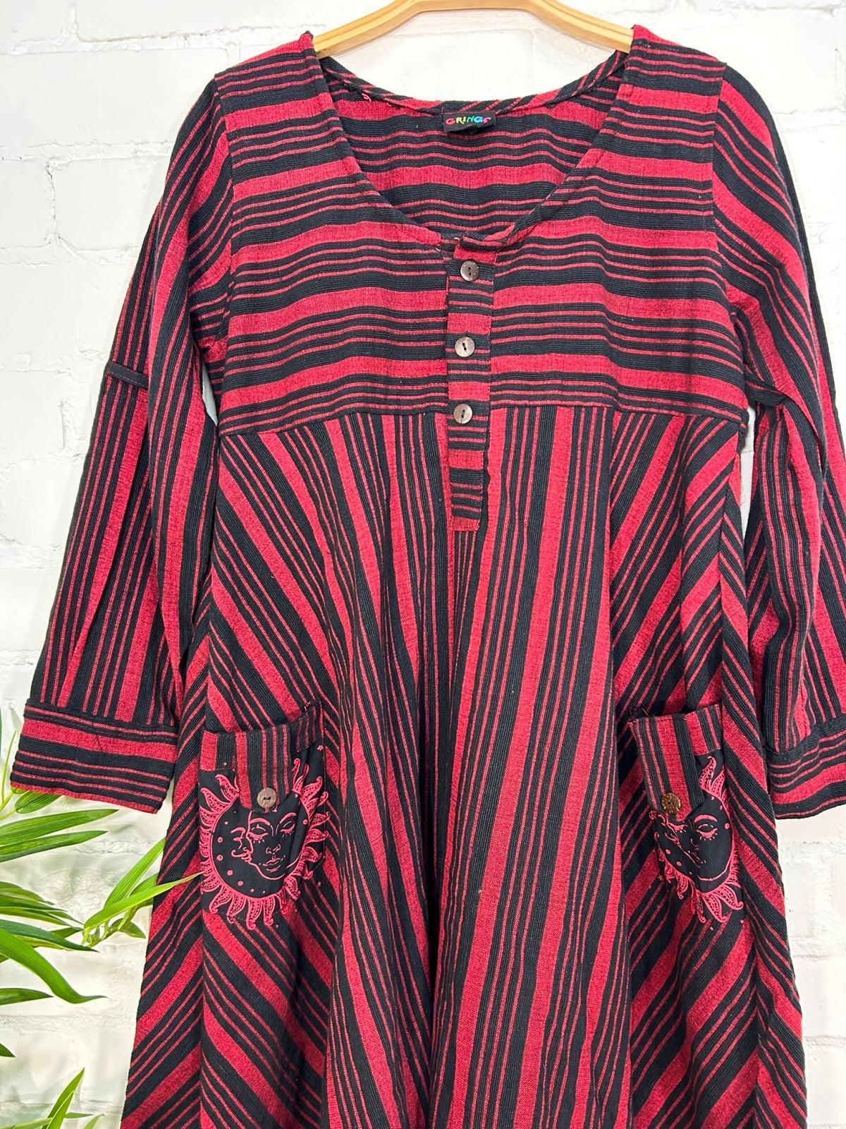 Sun and Moon Print Striped Long Sleeve Dress