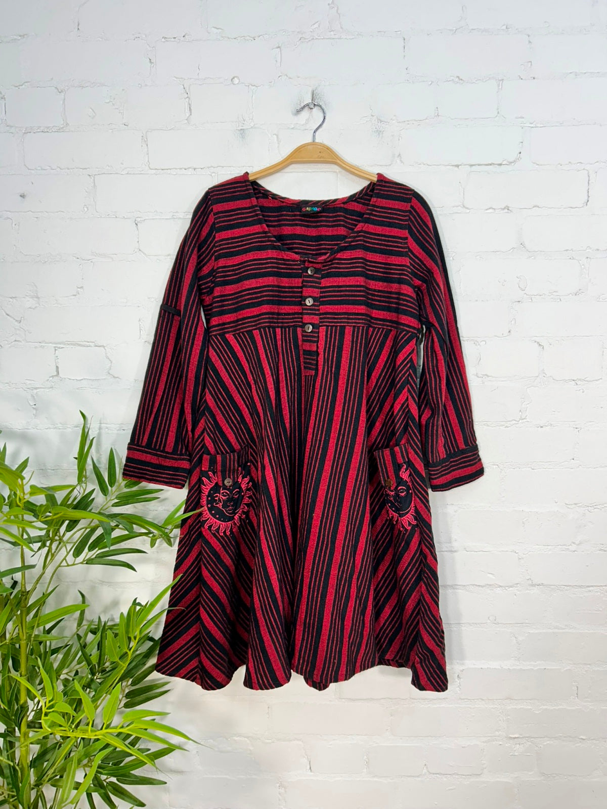 Sun and Moon Print Striped Long Sleeve Dress